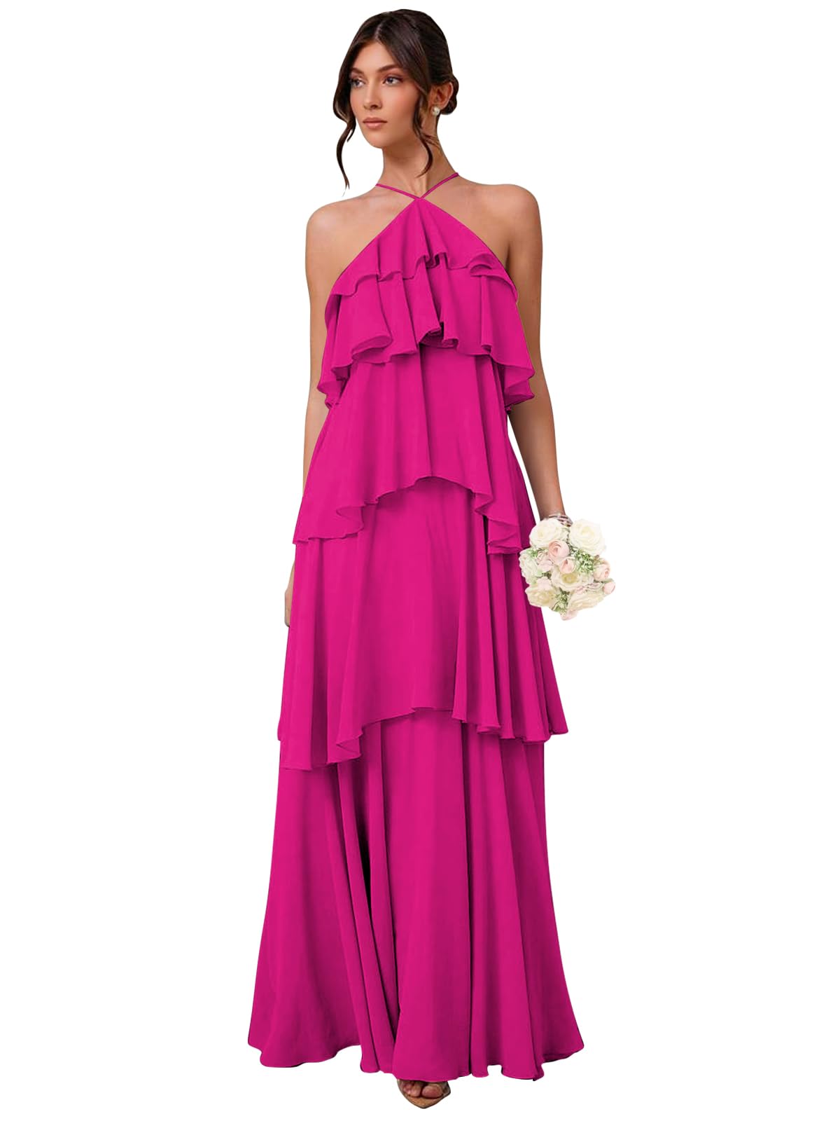 Chiffon Halter Bridesmaid Dresses for Women A Line Tiered Ruffle Long Formal Evening Gown
