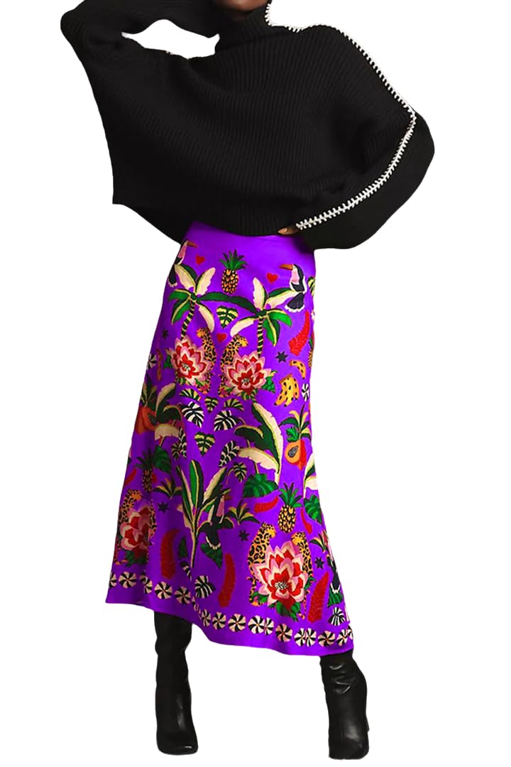 THLAI Womens Skirt Midi Skirt Tropical Plant Print Pink Zipper A-Line Long Skirts Spring Summer Skirt Floral