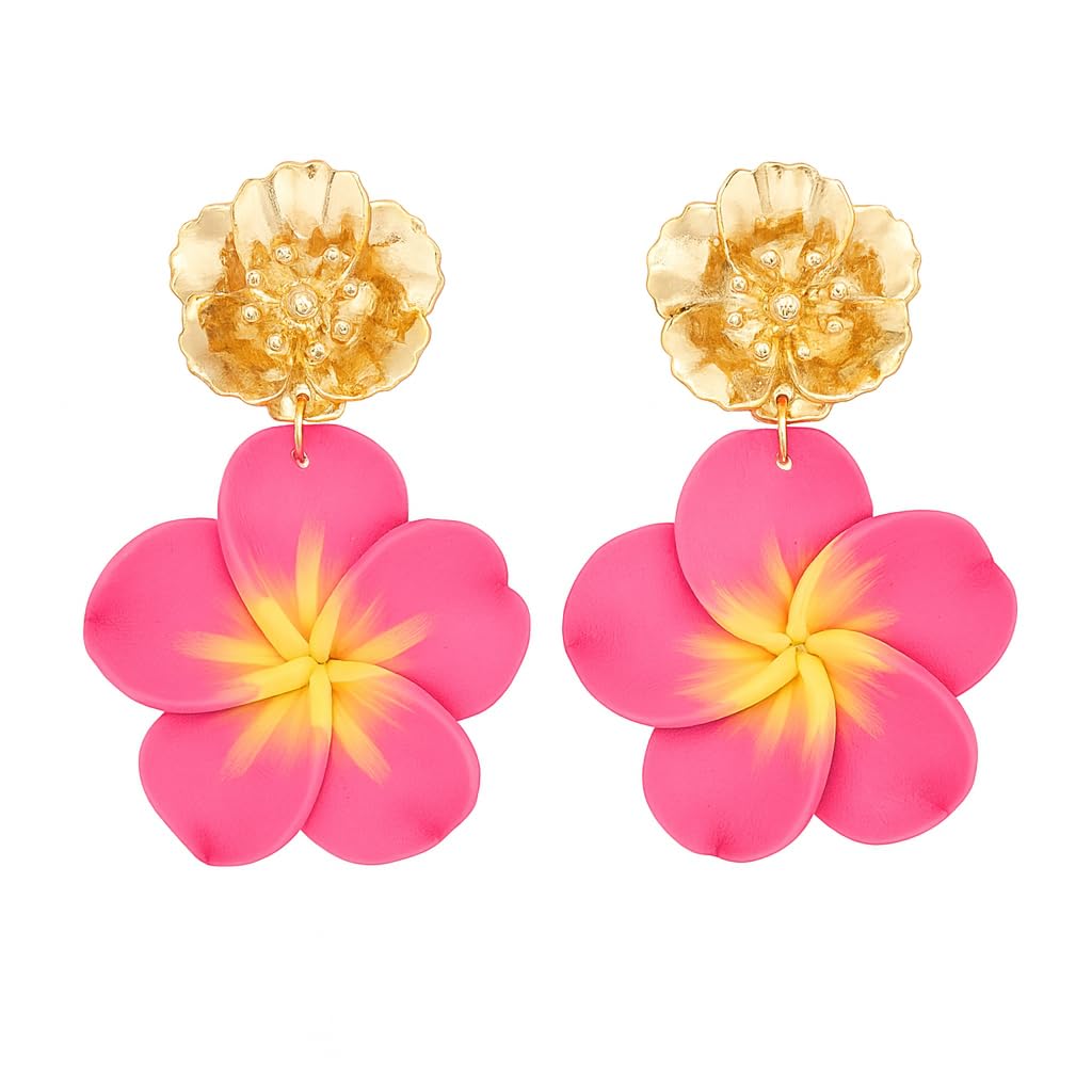 Pink Flower Earrings for Women,Gold Plated Floral Drop Dangle Earrings Statement Beach Party Vacation Hawaiian Style Jewelry Gift