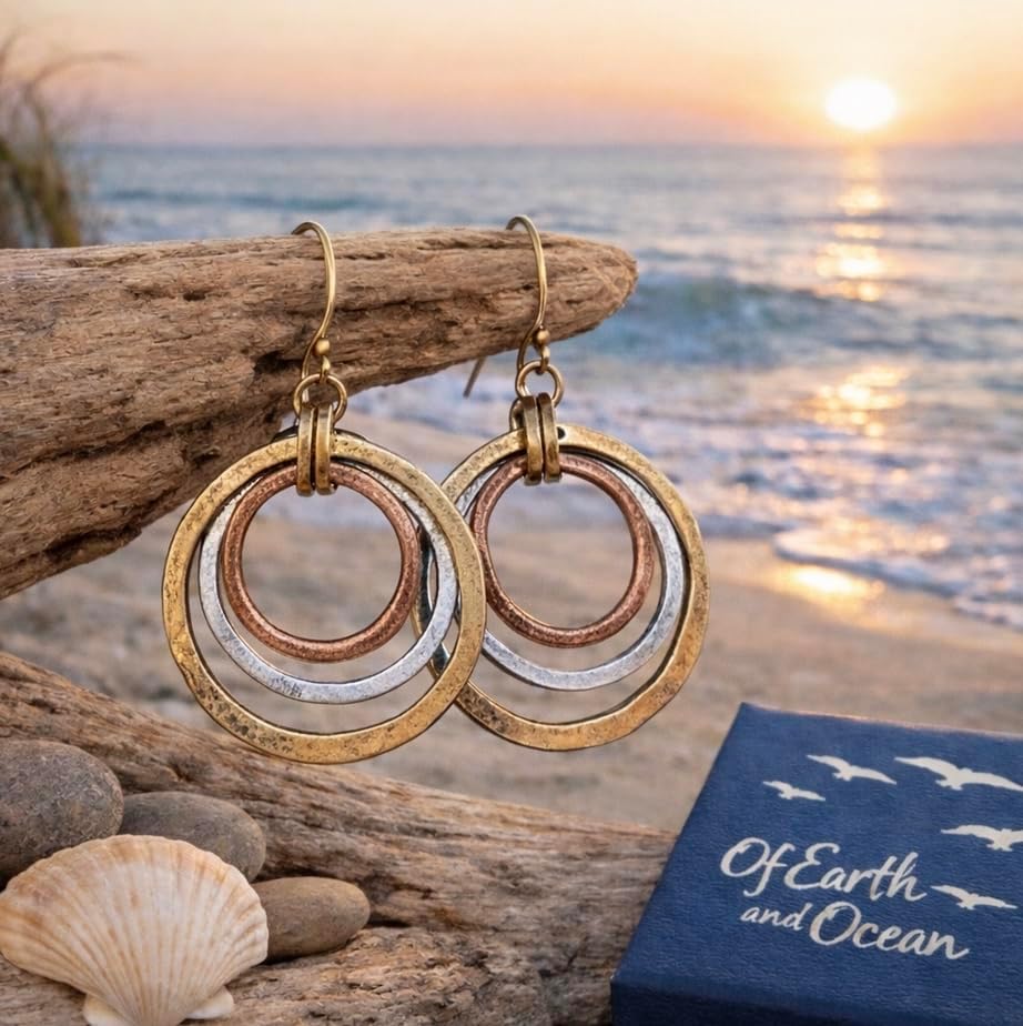 Handmade Sunrise Earrings – Cape Cod USA Award-Winning Artist Judith Stiles – Lightweight Mixed Metal Dangle Earrings – Hammered Brass, Copper & Silver Tone Circles – Coastal Beach Jewelry, Bohemian Style with a Yoga Heart – A Great Gift for Women
