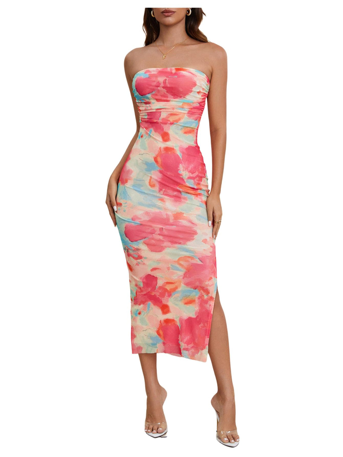 Milumia Women's 2026 Summer Floral Strapeless Tube Top Dresses Side Slit Wedding Guest Bodycon Maxi Dress