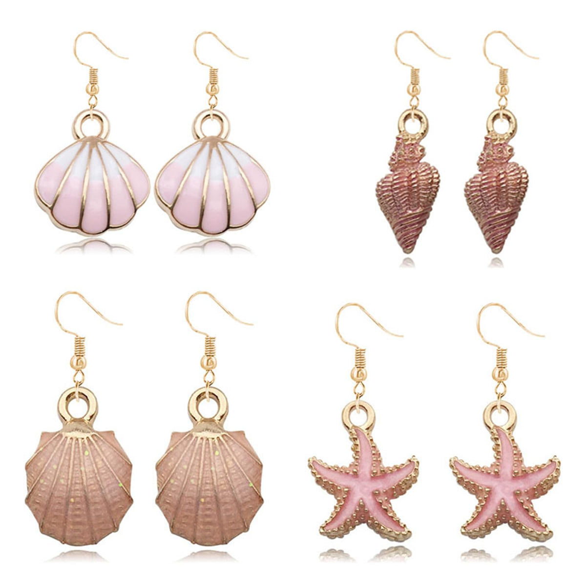 4pair Beach Summer Sea Shell Earrings Set For Women Trendy Charm Sea Shell Conch Hawaii Dangle Earring Handmade Boho Tropical Natural Scallop Shell Drop Earrings Vacation Jewelry Gifts