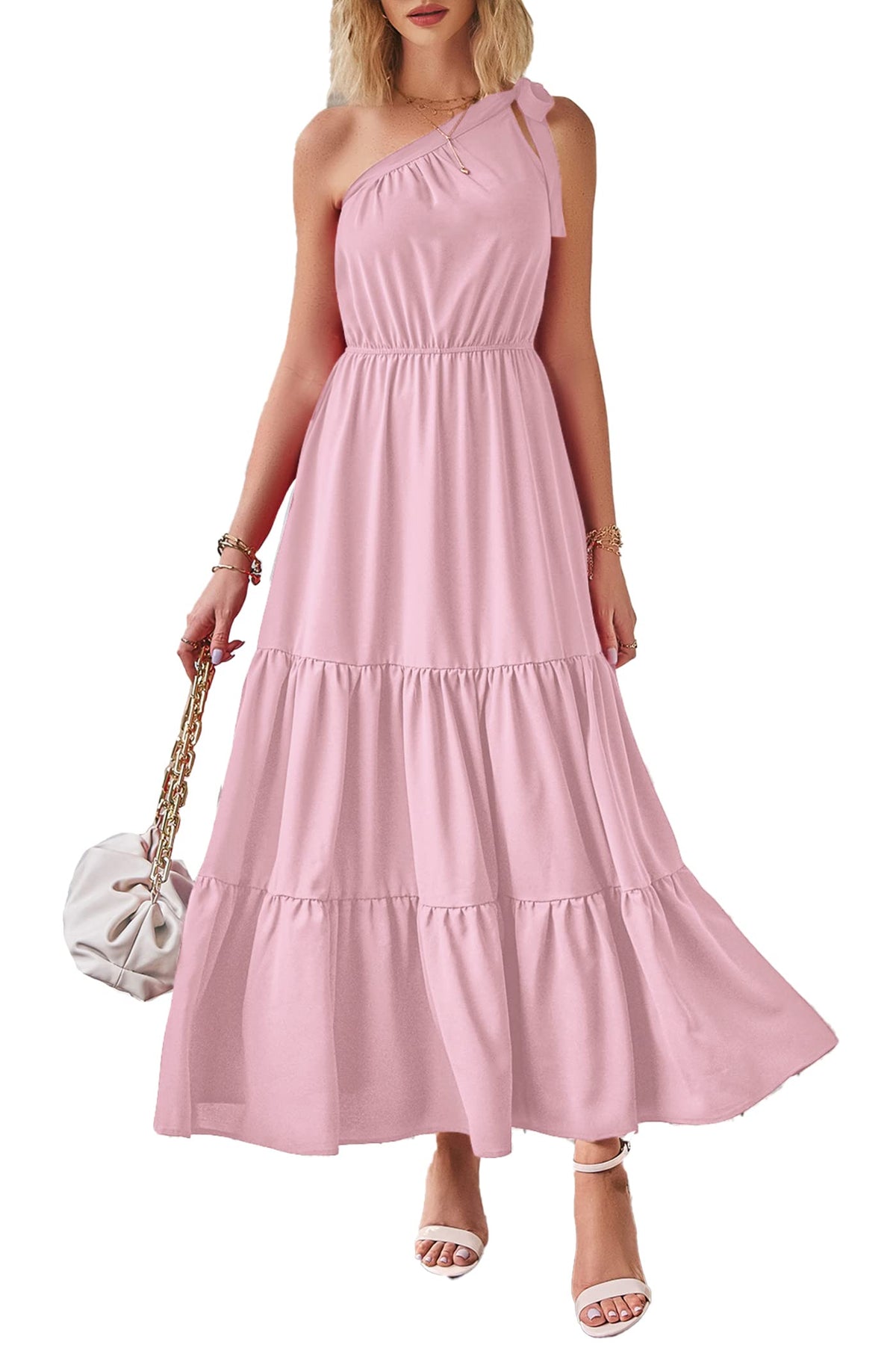 PRETTYGARDEN Women's One Shoulder Boho Floral Maxi Dress | Sleeveless Tiered A Line, Long Flowy Sundress, Tie Knot Summer Vacation Dresses, Spring Wedding Guest Outfits for Beach Party