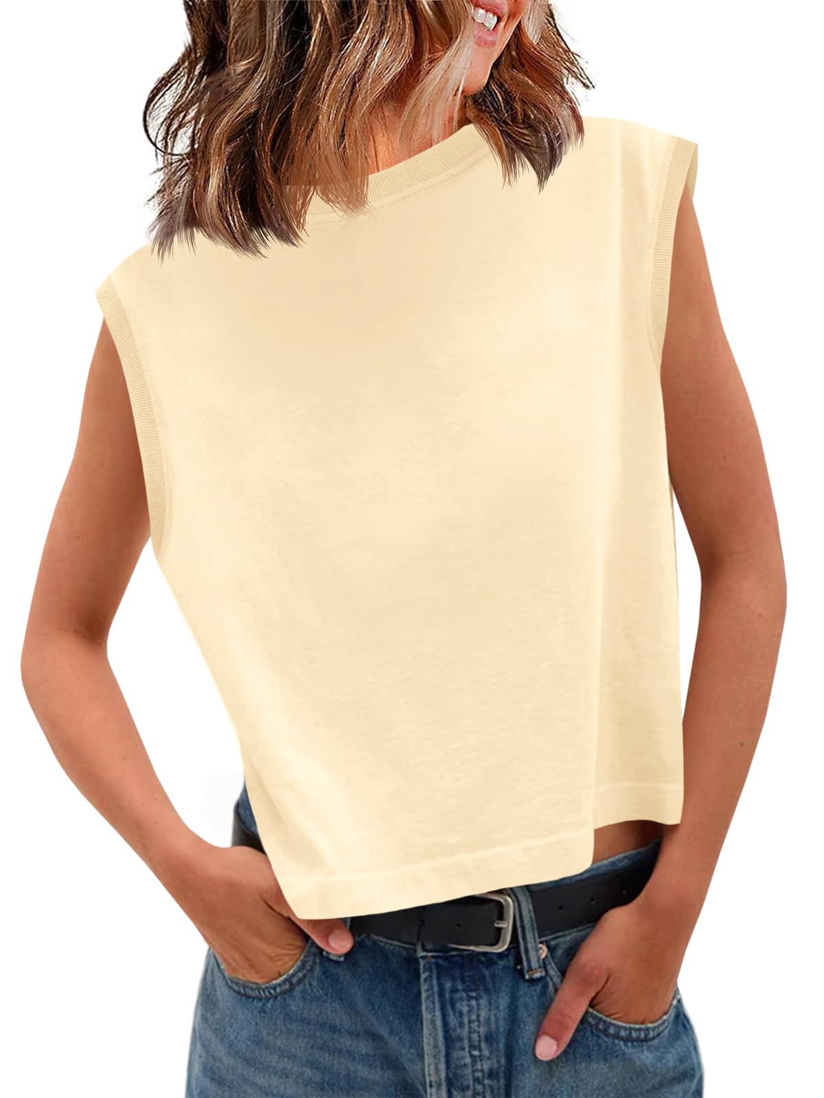 Tankaneo Womens Cropped Cap Sleeve Tank Tops Summer Basic Tee Shirts | Muscle Tank, Crew Neck, Sleeveless Shirts, Loose Fit, Casual Trendy, Boxy