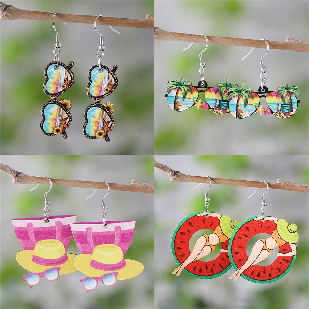 Boho Wooden Dazzling Waves Flip Flops Palm Tree Dangle Earrings Sunset Starfish Sunflower Sunglasses Drop Earrings Beach Vacation Outdoor Jewelry Gifts for Women Girls