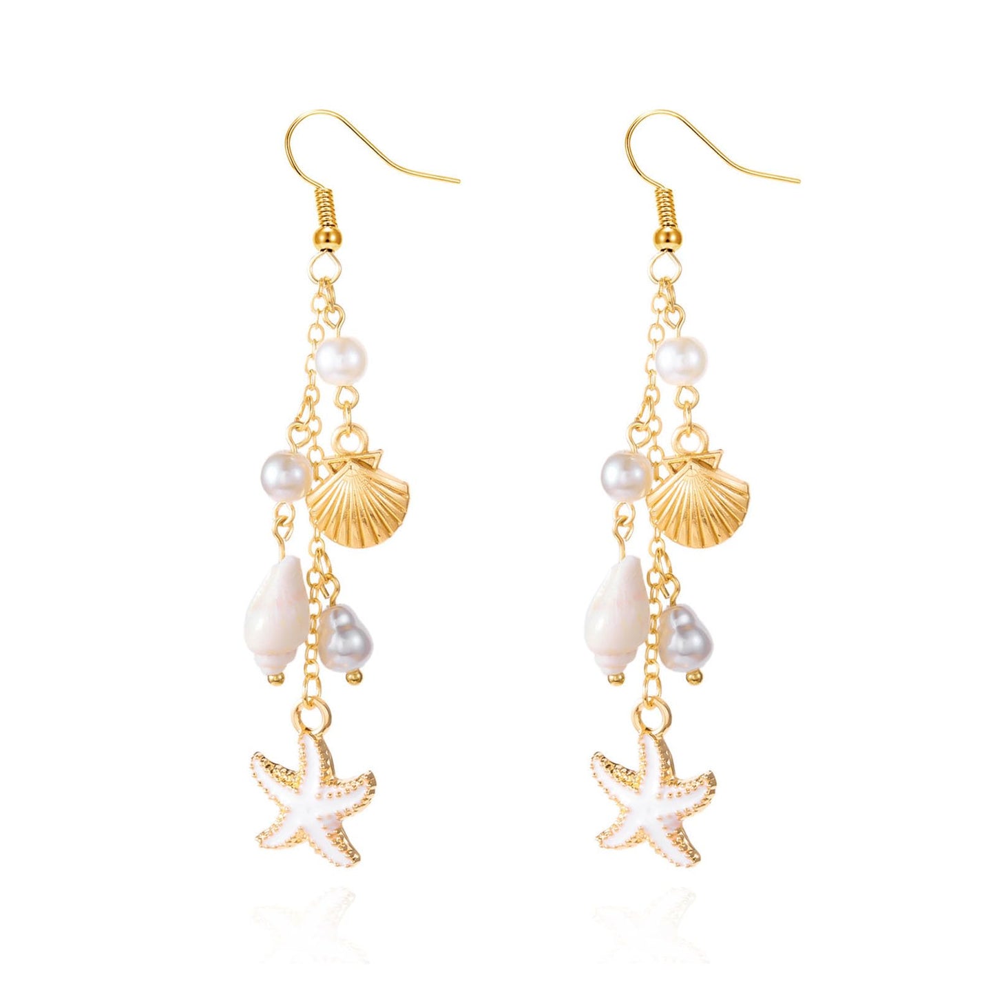 Gold Starfish Shell Dangle Drop Earrings, Beach Jewelry for Women, Summer Boho Beachy Vacation Accessories
