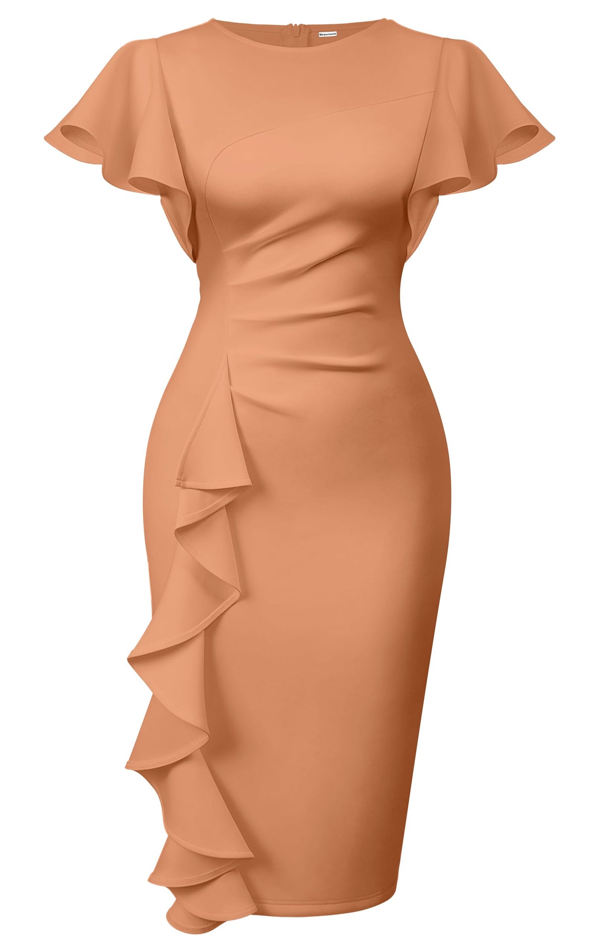Memoriesea Women's Church Ruffle Sleeve Ruched Work Midi Dress | Back Zipper,Ruched Waist,Knee Length,Classic Sheath Outfits for Office Business Graduation Teacher Formal Cocktail Travel