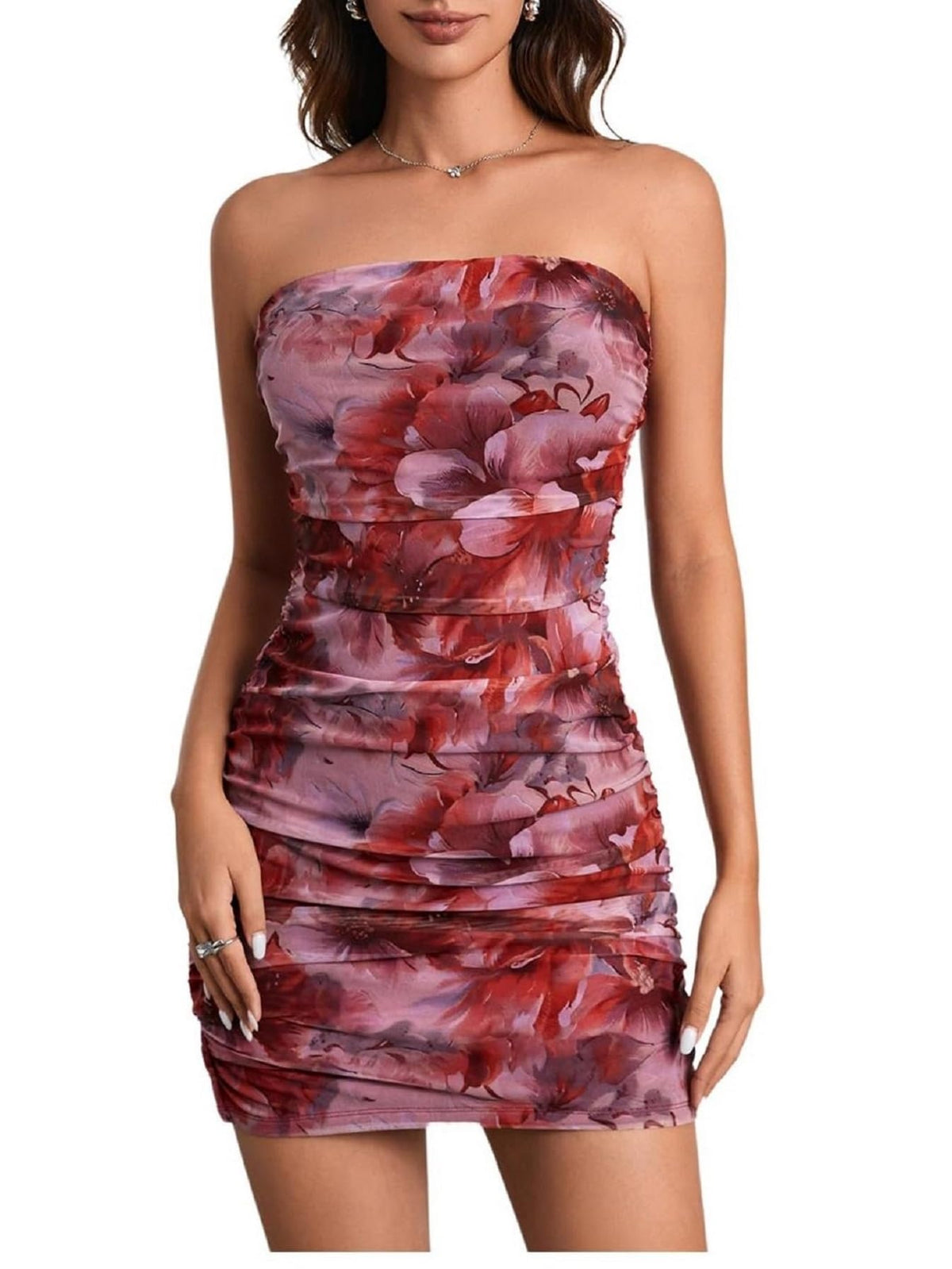 WDIRARA Women's Mesh Strapless Ruched Tube Mini Dress Floral Short Bodycon Dresses
