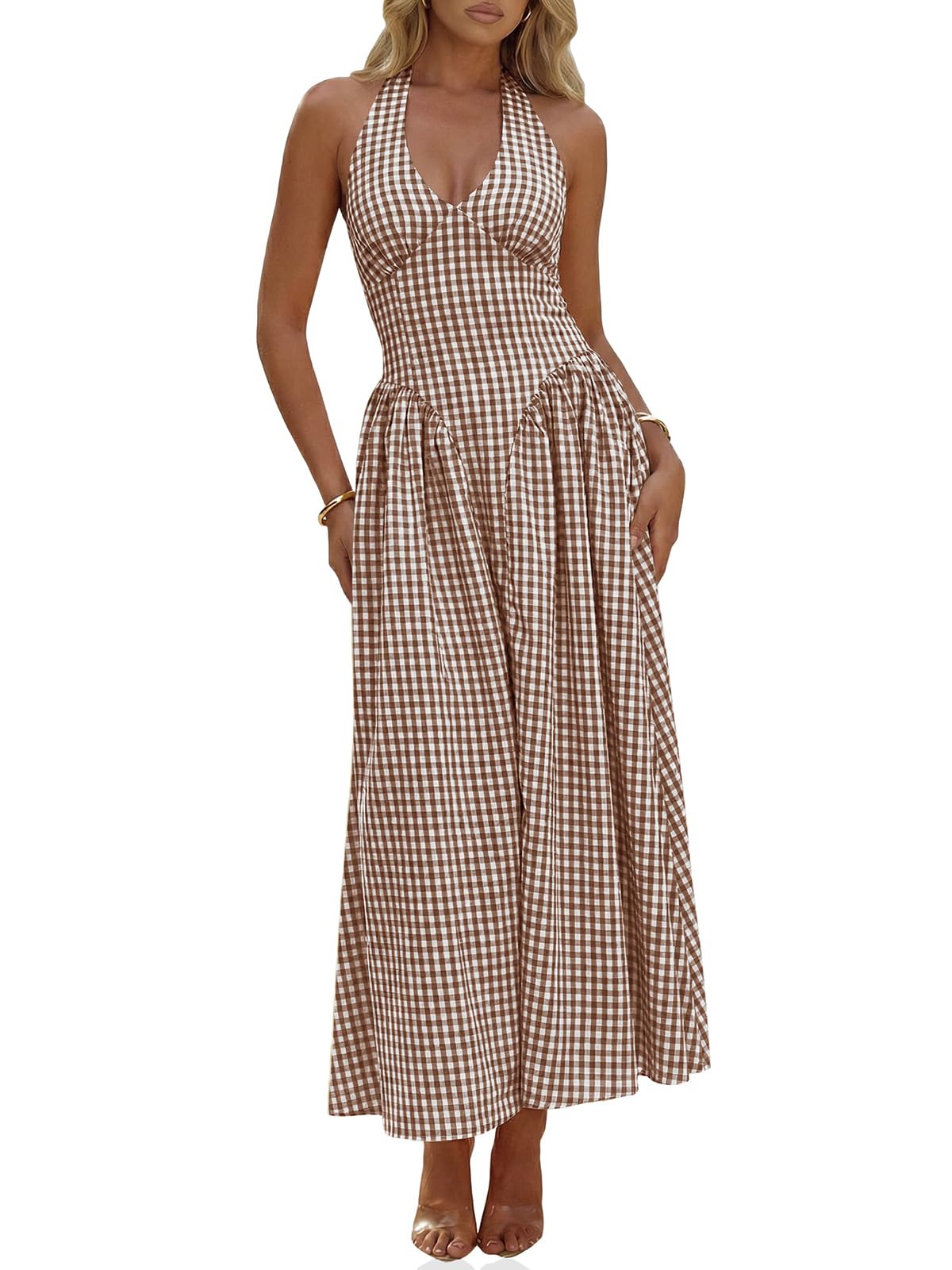 Wenrine Womens Halter V Neck Corset Maxi Dresses Summer Plaid Smocked Dress | Tie Back, Backless, Wedding Guest, Drop Waist, Sleeveless, Gingham, Pleated, Long dress with Pockets
