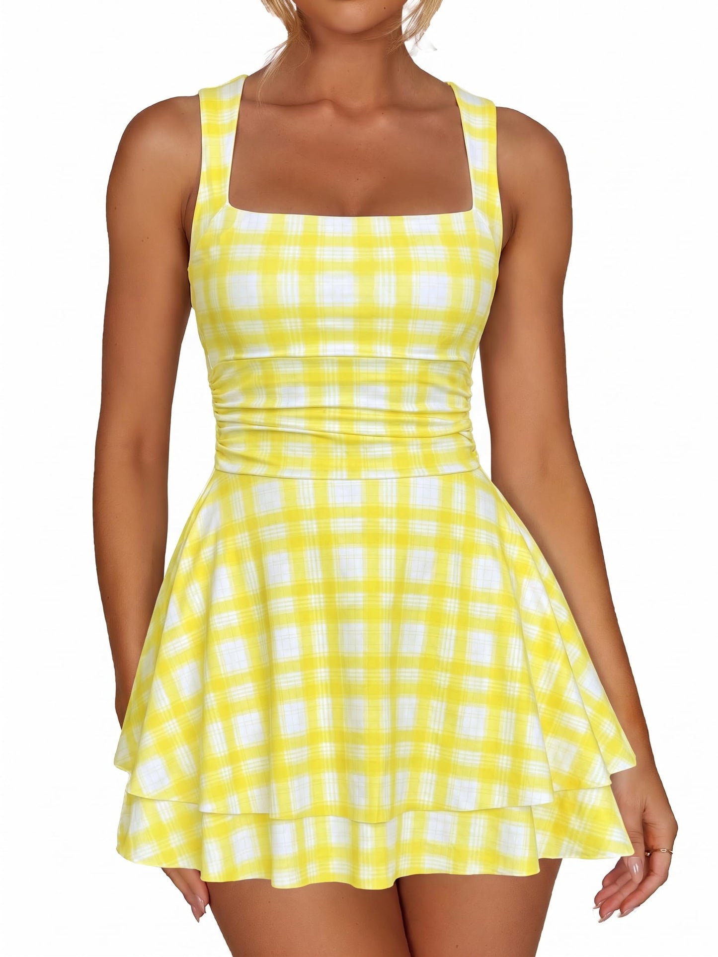 Kaximil Women's Square Neck Ruffle Hem Party Mini Dress | Corset Ruched Waist Cute Short Tennis Dresses