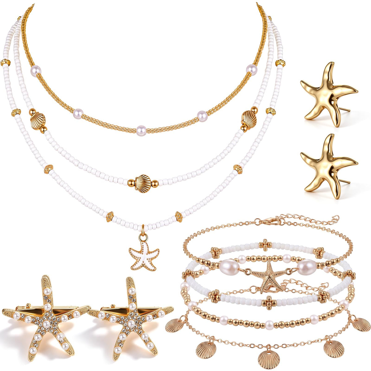 Tondiamo 11 Pcs Shell Starfish Necklace Earring Anklet Pearl Set