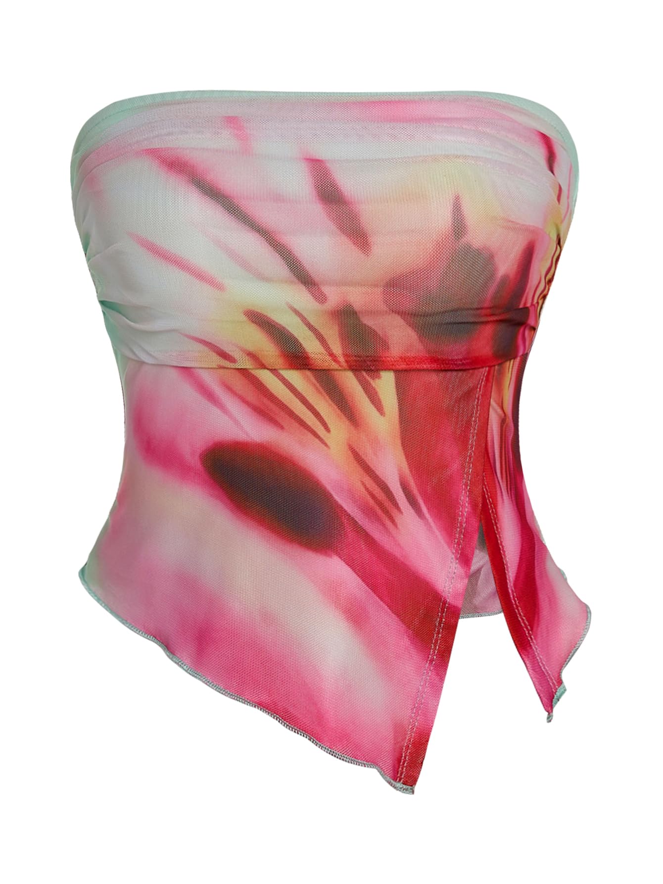Milumia Women Floral Summer Mesh Ruched Tube Top Y2k Going Out Crop Tops | Strapless Tropical Hawaiian Tank, Vacation Outfits, Beach, Bandeau, Asymmetrical Split Hem