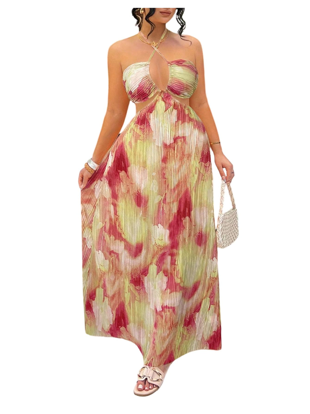 OYOANGLE Women's Summer Halter Long Maxi Dress Sundress | Tie Dye,Pleated ,Vacation Dress,Sleeveless ,Criss Cross Backless,Beach Dress for Women