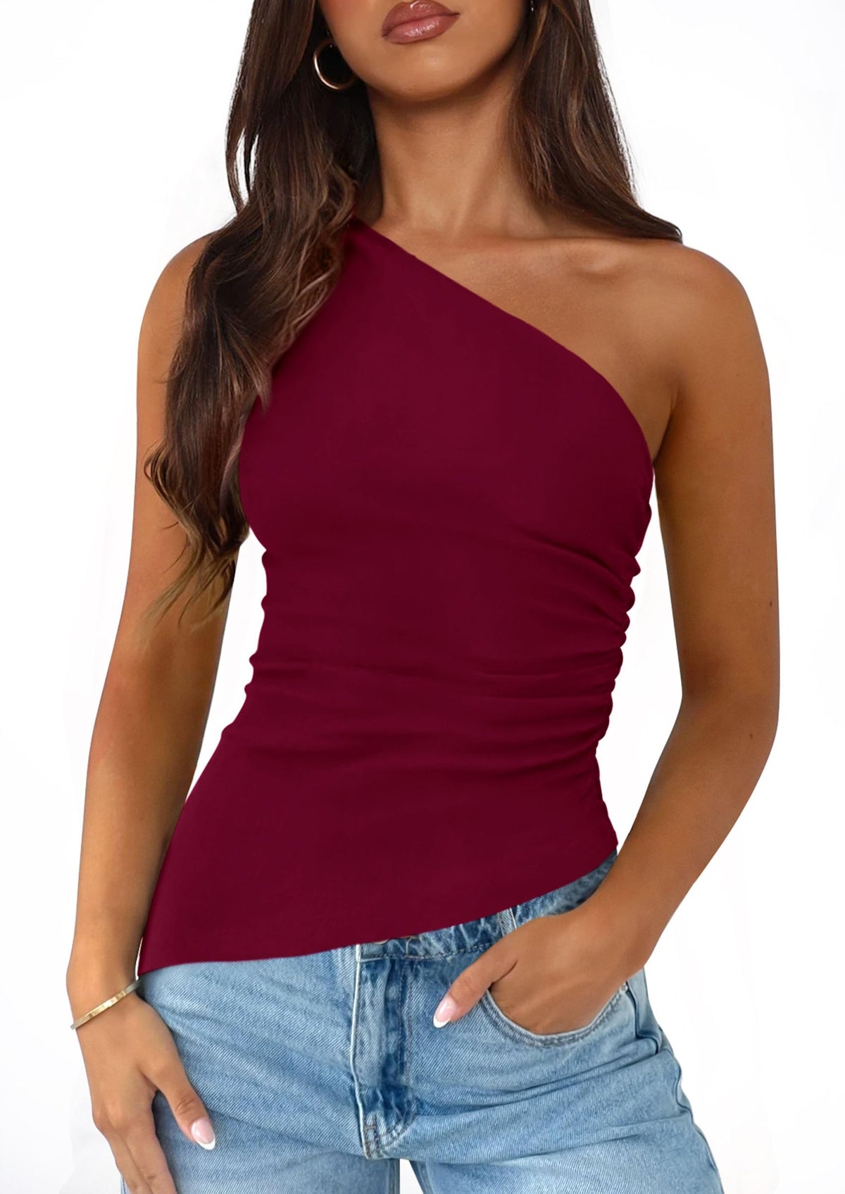 PRETTYGARDEN One Shoulder Summer Tops for Women | Soft Stretchy Knit,Slim Fit Shirts,Ruched Sleeveless Tank,Asymmetrical Going out Top,Trendy Y2k Clothes,for Daily,Beach,Party