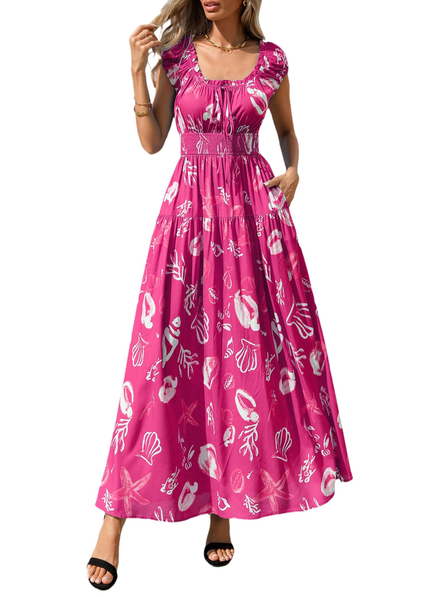 PRETTYGARDEN Women Boho Floral Maxi Sun Dress | Flowy A Line, Smocked Waist, Square Neck, Pockets, Spring Summer Elegant Outfits for Wedding, Beach Vacation, Resort Wear