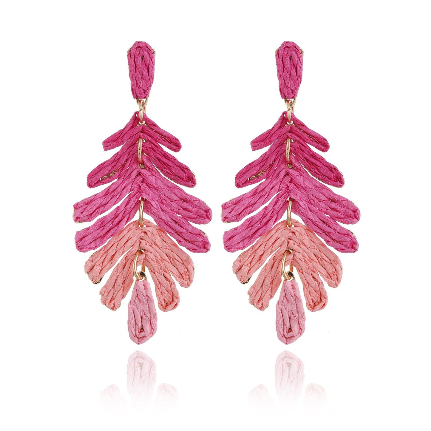 RUOFFETA Raffia Long Palm Leaf Earrings, Colorful Handmade Rattan Leaf Drop Dangle Earrings Summer Tropical Beach Jewelry