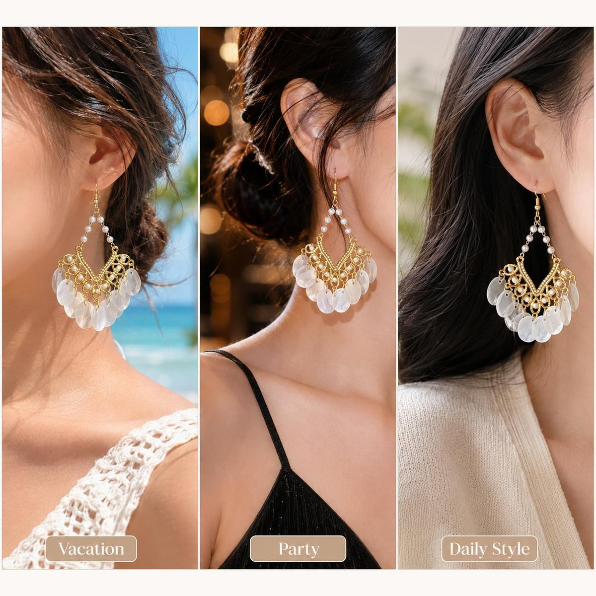 Boho Pearl Shell Dangle Earrings for Women, Gold Chandelier Drop Earrings | Lightweight statement earrings with white shell disc fringe, ideal for summer beach vacations, bohemian outfits and gifting.
