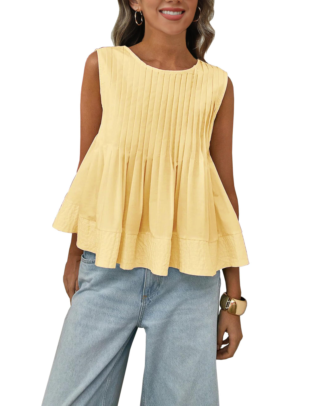 Megfie Womens Summer Pleated Peplum Sleeveless Blouse Tank Tops Round Neck Y2K Babydoll Blouse Shirt