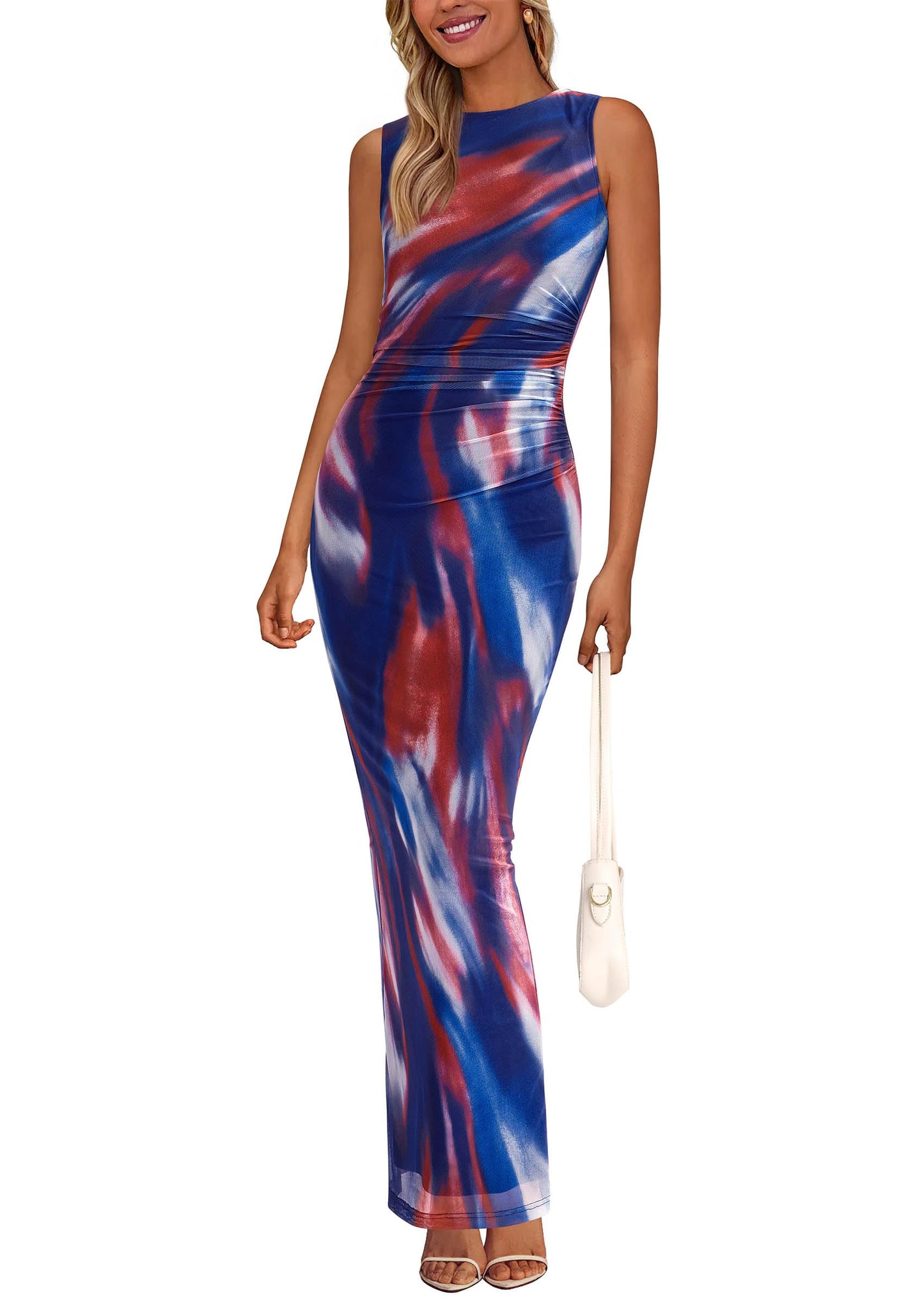 PRETTYGARDEN Women's Summer Formal Floral Maxi Dress | Sleeveless Ruched Bodycon Mesh Long Dresses, Elegant Spring Dress for Wedding Guest, Bridal Shower, Cocktail Party, Vacation