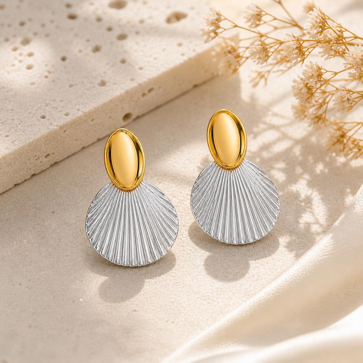 Shell Drop Earrings for Women, Gold Stud Fan Shape Dangle Earrings Beach Vacation Statement Jewelry for Summer Wear