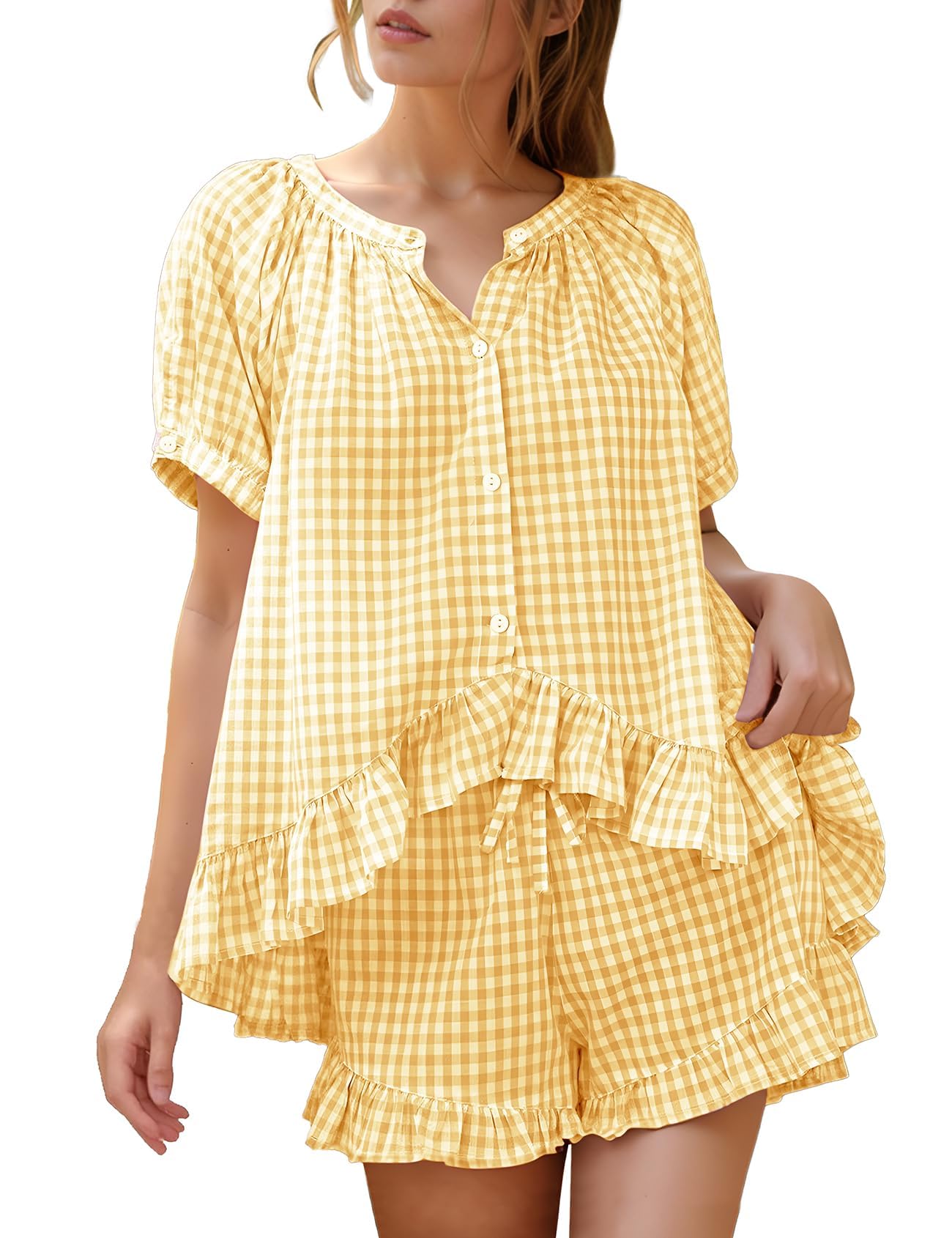 Flygo Cotton Pajamas for Women Gingham Set Lounge Sets | 100% Cotton, Plaid, Babydoll Top, Relaxed Fit, Puff Sleeve, Shorts, Pockets, Summer, Sleepwear, Vacation, Wedding, Parties