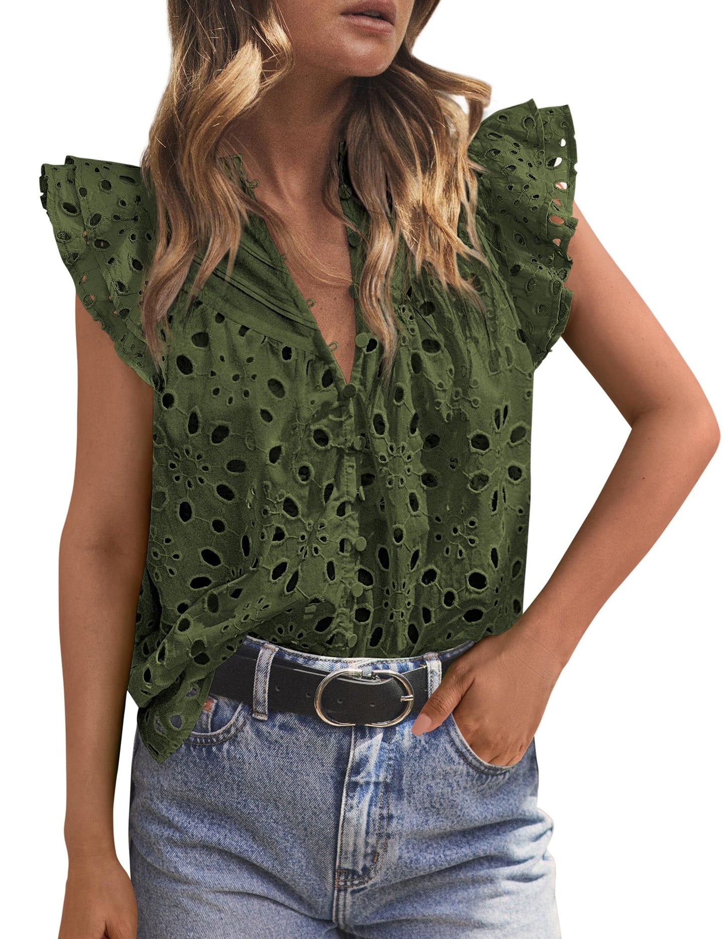 PRETTYGARDEN Women's Eyelet V Neck Summer Tops Dressy Casual | Soft Cotton with Lining,Button Boho Top,Cap Ruffle Sleeve,Hollow Out Embroidered Shirts,Resort Wear,Beach Vacation Clothes