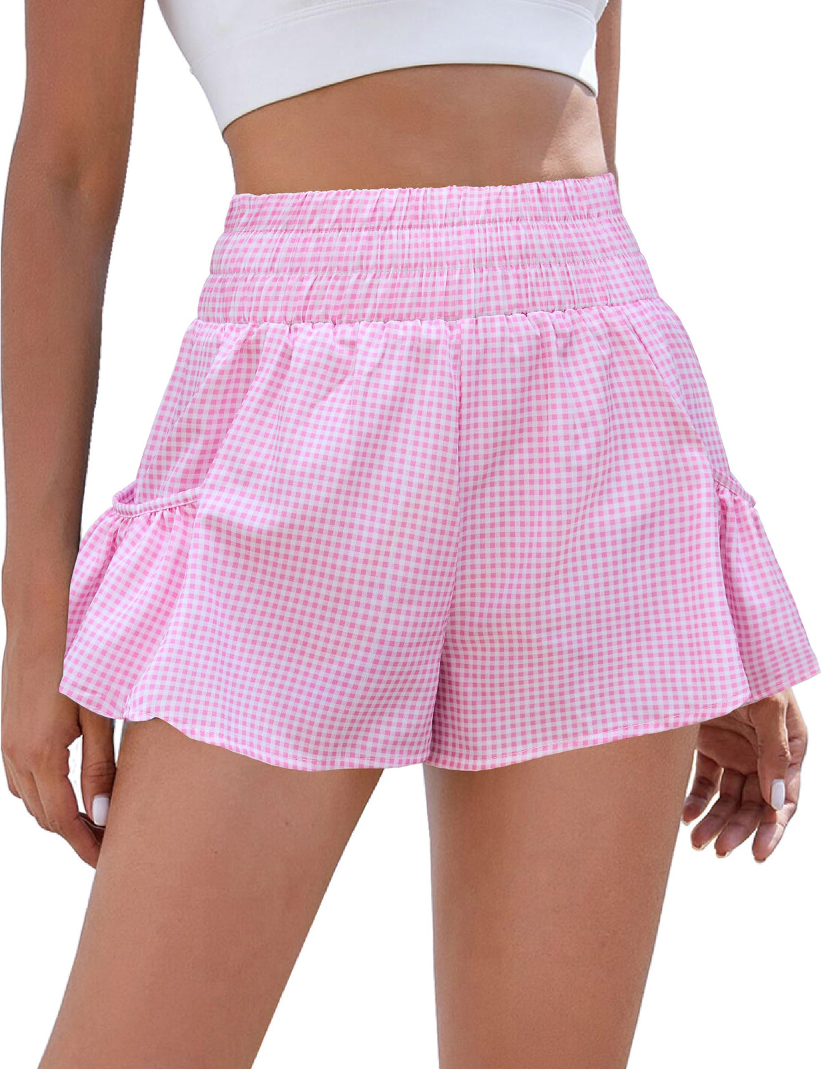 BMJL Womens Athletic Running Shorts 2.5" Flowy High Waisted Ruffle Shorts | workout,gym,two side pockets,elastic high waisted,quick dry fabric,built in liner,solid,gingham,leopard,striped shorts