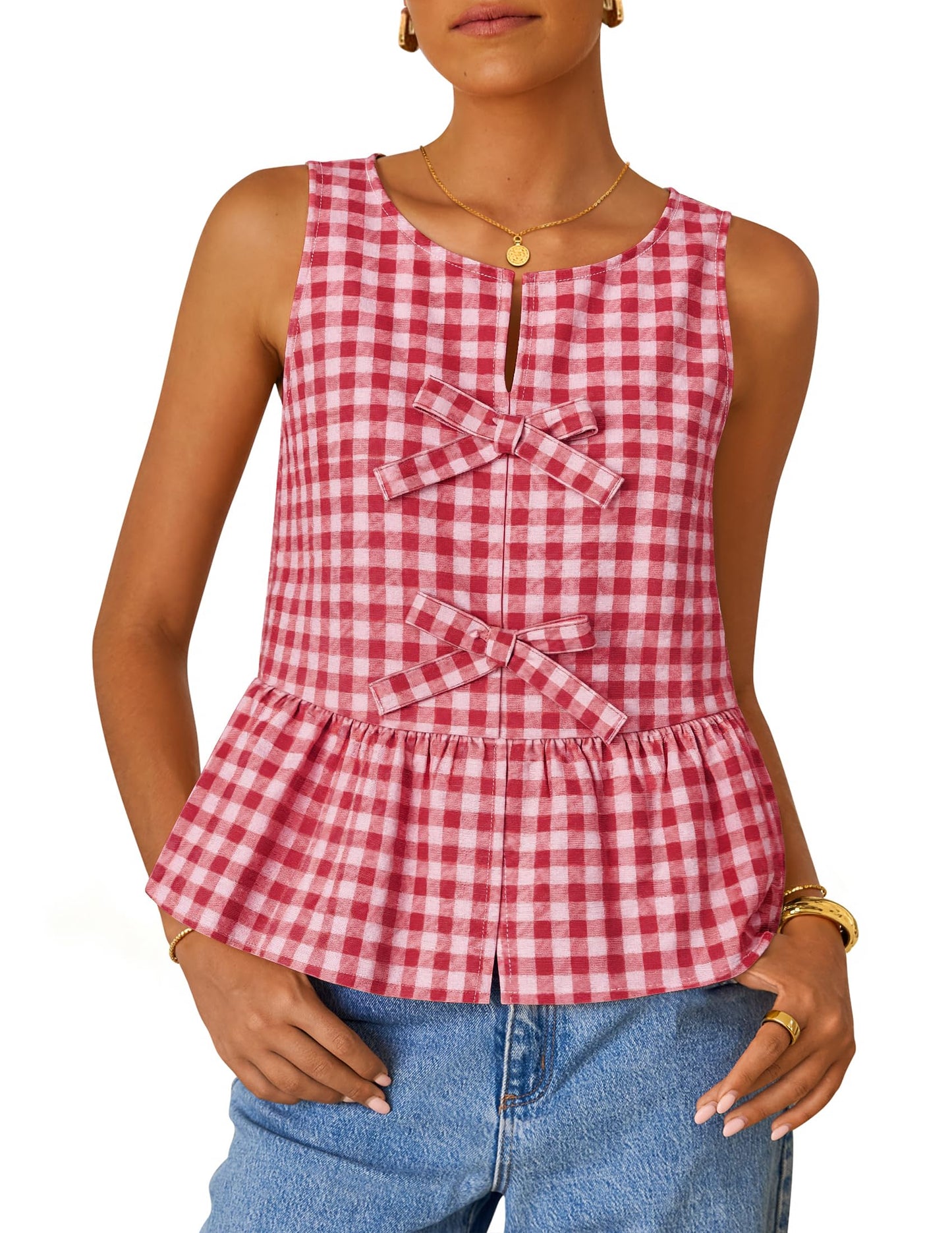 ZESICA Women's Summer Sleeveless Gingham Tank Tops 2026 Crewneck Tie Front Top Loose Ruffle Peplum Babydoll Blouses