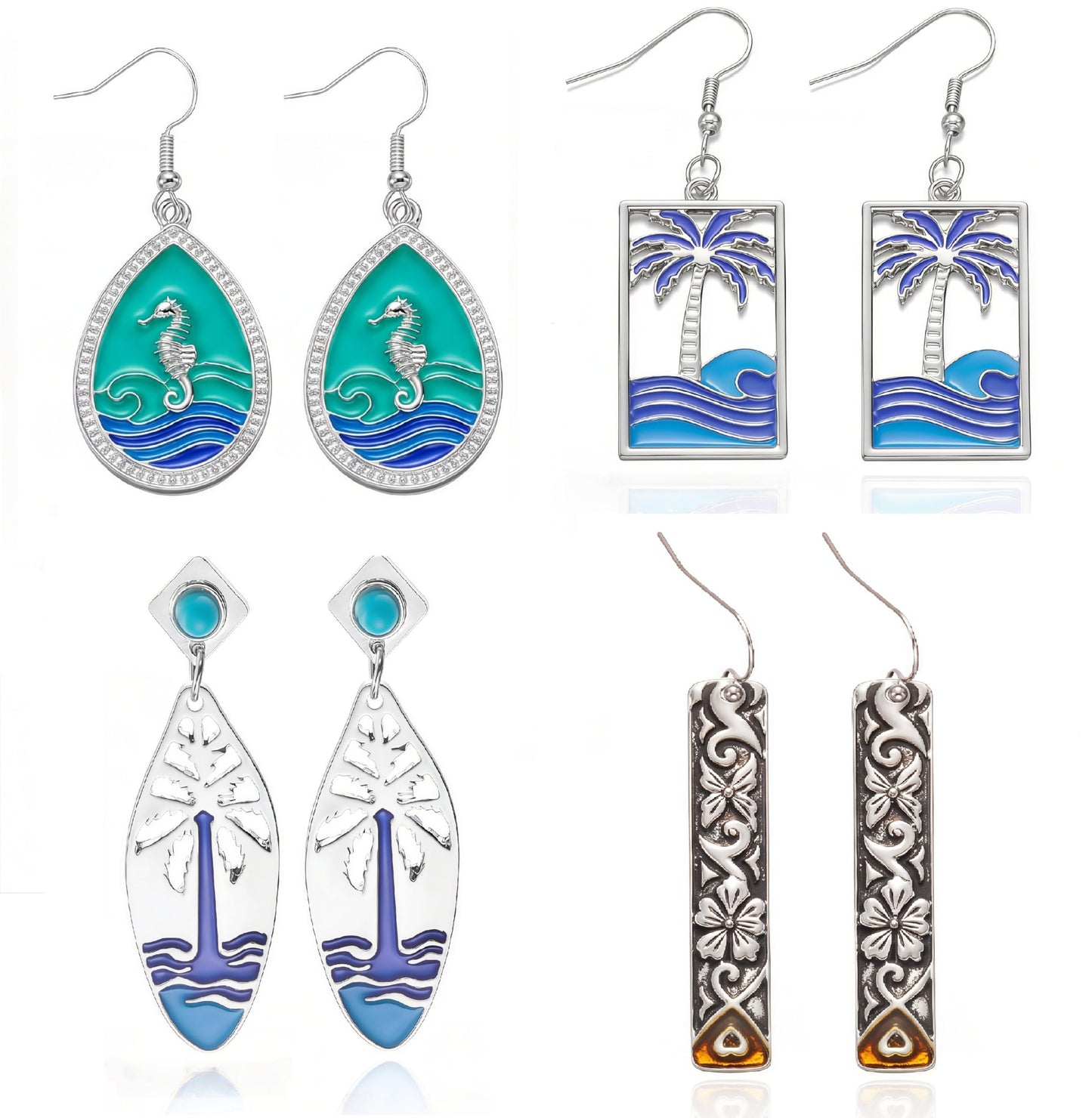 4 Pairs Boho Earrings for Women Vintage Turquoise Palm Tree Elephant Seahorse Dangle Earrings Summer Beach Tropical Vacation Jewelry Gifts