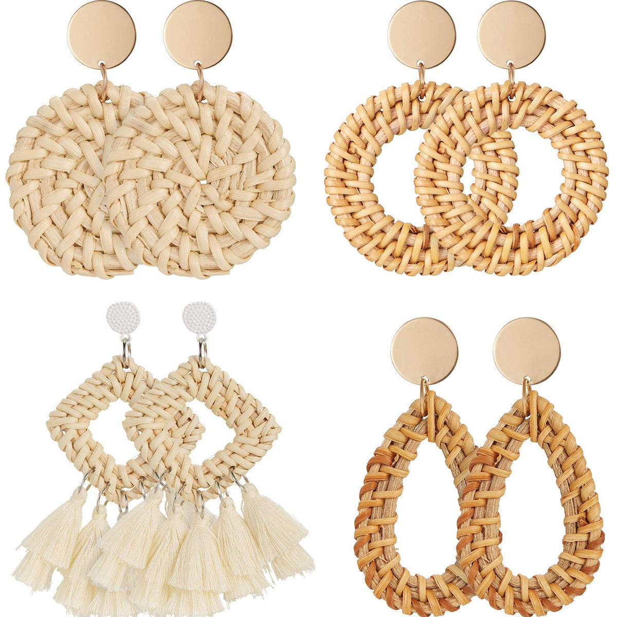 meekoo 4 Pairs Handmade Rattan Earrings for Women, Boho Straw Dangle Statement Earrings for Beach Vacation Summer Jewelry