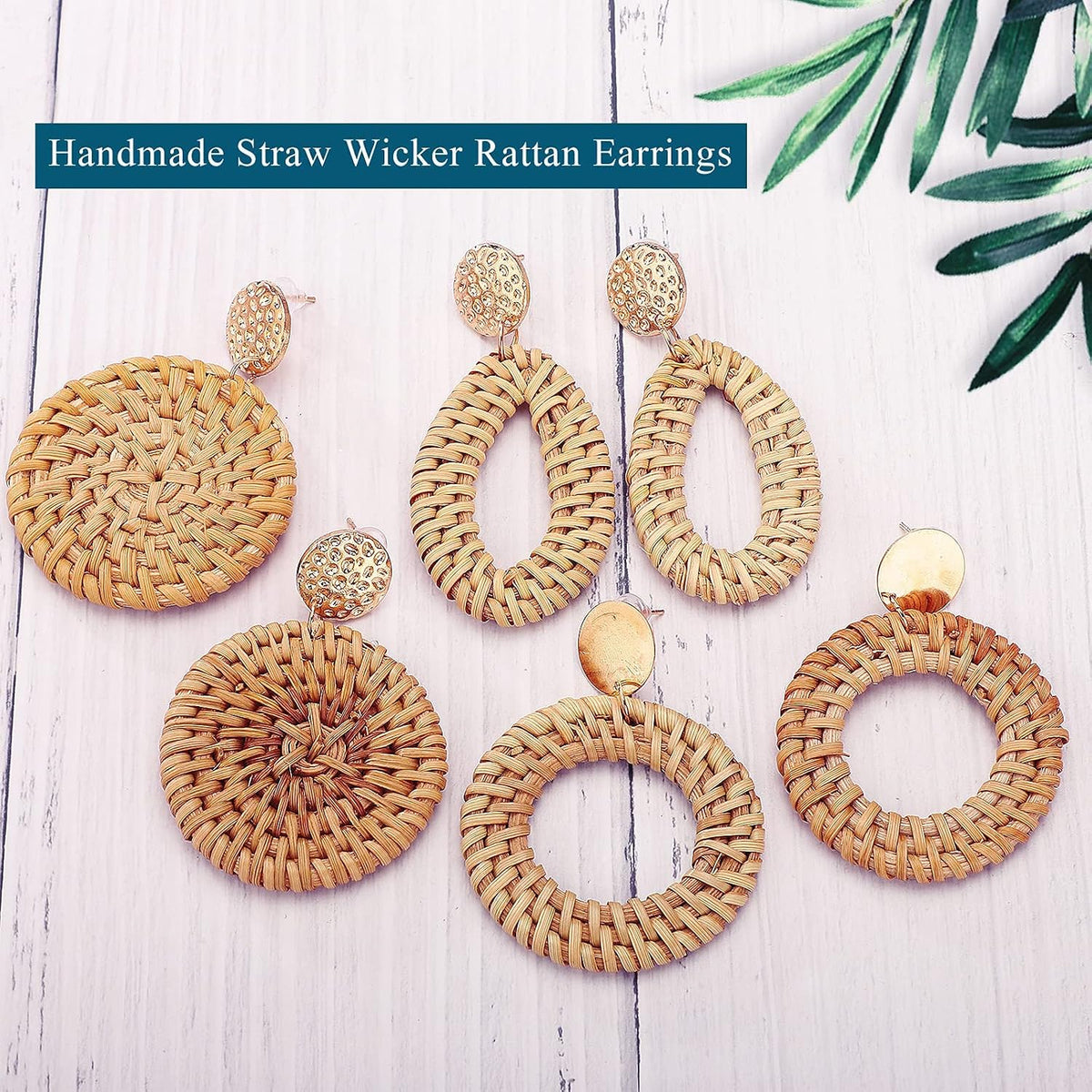 Statement Earrings for Women Rattan Earrings Big Gold Geometric Drop Dangle Earrings Set Beach Essentials Hypoallergenic for Sensitive Ears