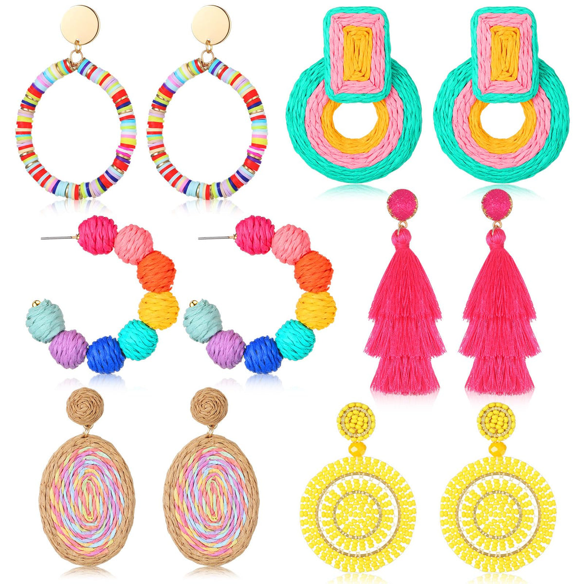 Hicarer 6 Pair Boho Rattan Earrings for Women | Straw Tassel Geometric, Summer Party Jewelry, Light Dangle Style, Beach Outfits, Vacation Looks, Boho Accessories