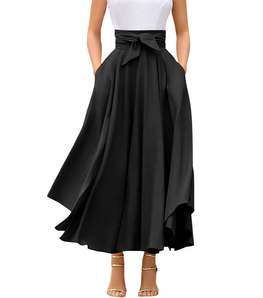 chouyatou Women's Elegant High Waisted Side Slit Irregular Bohemian Maxi Skirt with Pockets