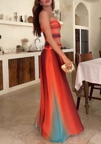 UAURORAO Women Mesh Cut Out Maxi Dress Strapless Twist Front Gradient Long Dresses Elegant Flowy Beach Sunset Dress