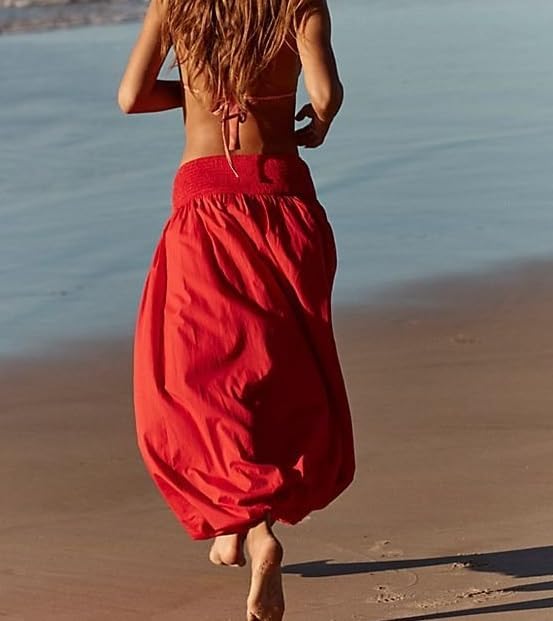 NUFIWI Women Y2k Bubble Maxi Skirt Low Elastic Waist A Line Long Skirt Summer Casual Ruffle Pleated Midi Dress