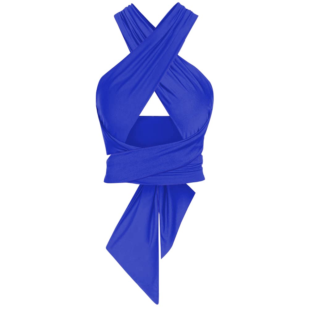 ZAFUL Womens Ribbed Halter Crop Top Ruched Lace-up Cropped Cami Bandana Top Criss Cross Wrap Print Tank Top