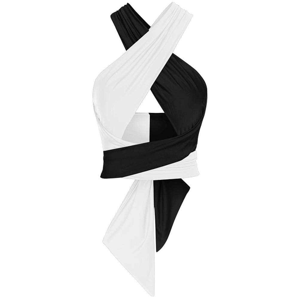 ZAFUL Womens Ribbed Halter Crop Top Ruched Lace-up Cropped Cami Bandana Top Criss Cross Wrap Print Tank Top