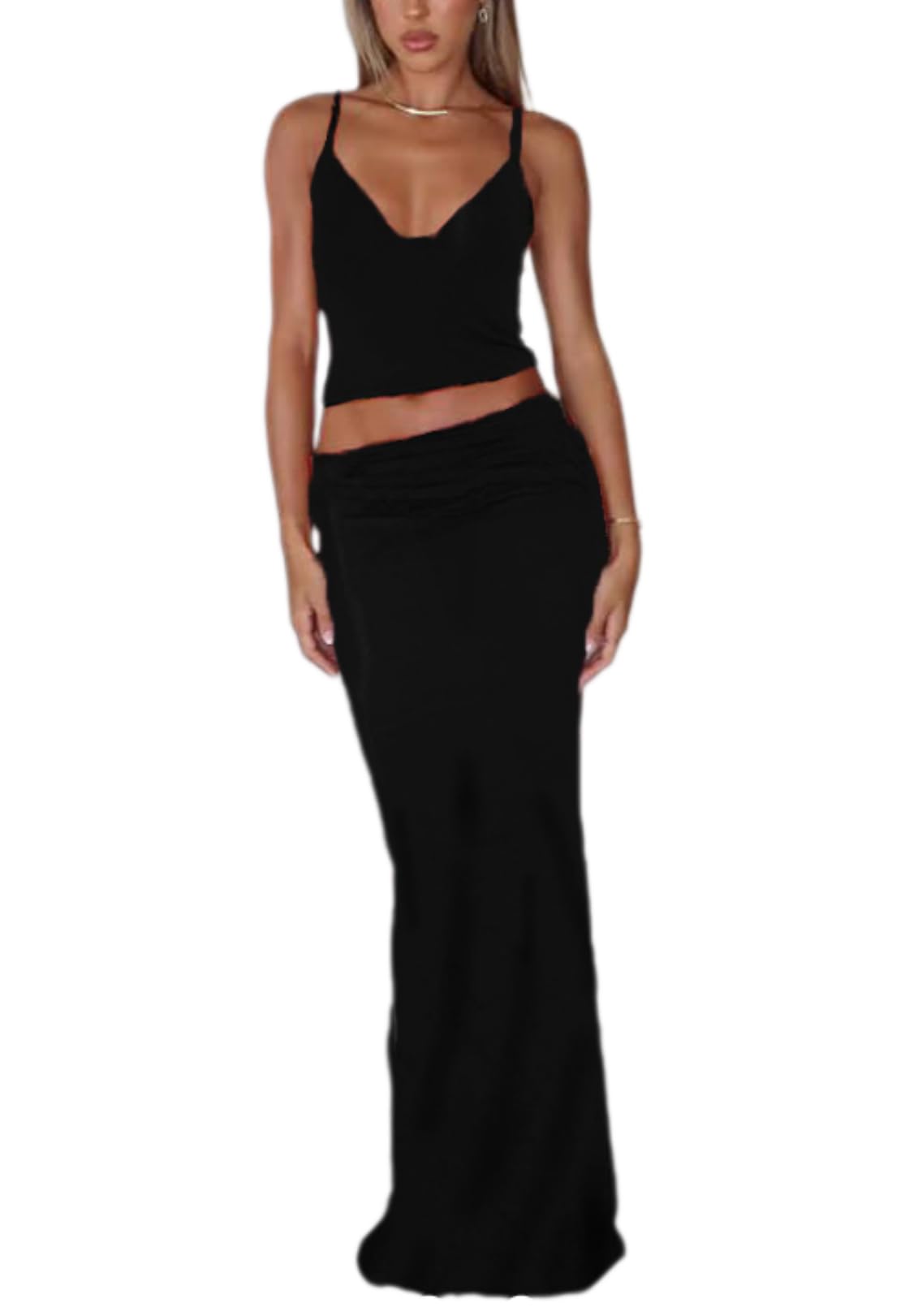 ksotutm Maxi Skirt Set Floral Print Halter Top Maxi Skirt Sexy Going Out Outfits for Women