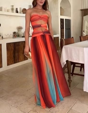 UAURORAO Women Mesh Cut Out Maxi Dress Strapless Twist Front Gradient Long Dresses Elegant Flowy Beach Sunset Dress