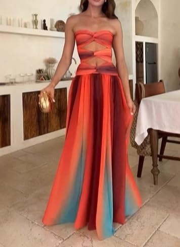 UAURORAO Women Mesh Cut Out Maxi Dress Strapless Twist Front Gradient Long Dresses Elegant Flowy Beach Sunset Dress