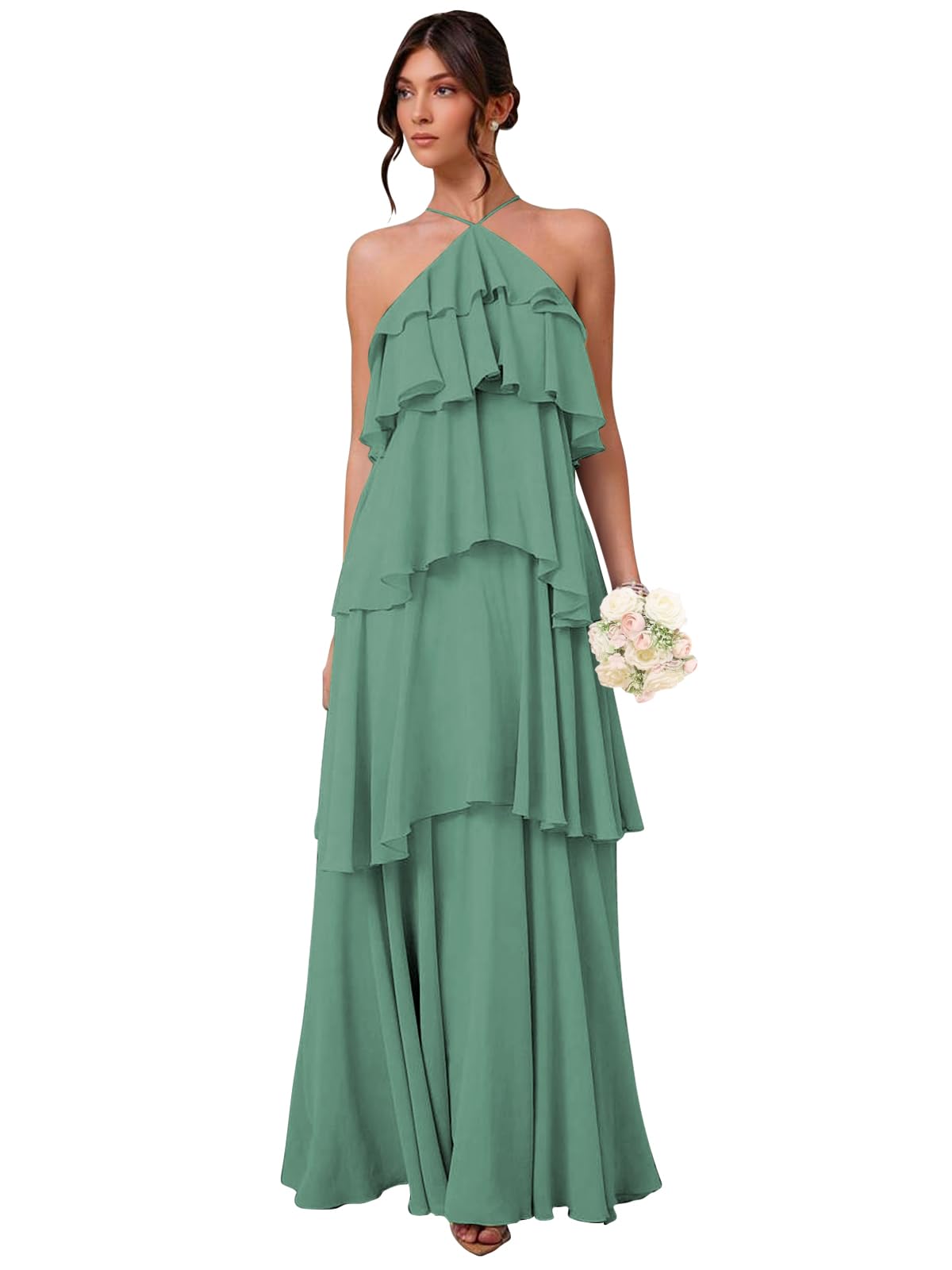 Chiffon Halter Bridesmaid Dresses for Women A Line Tiered Ruffle Long Formal Evening Gown