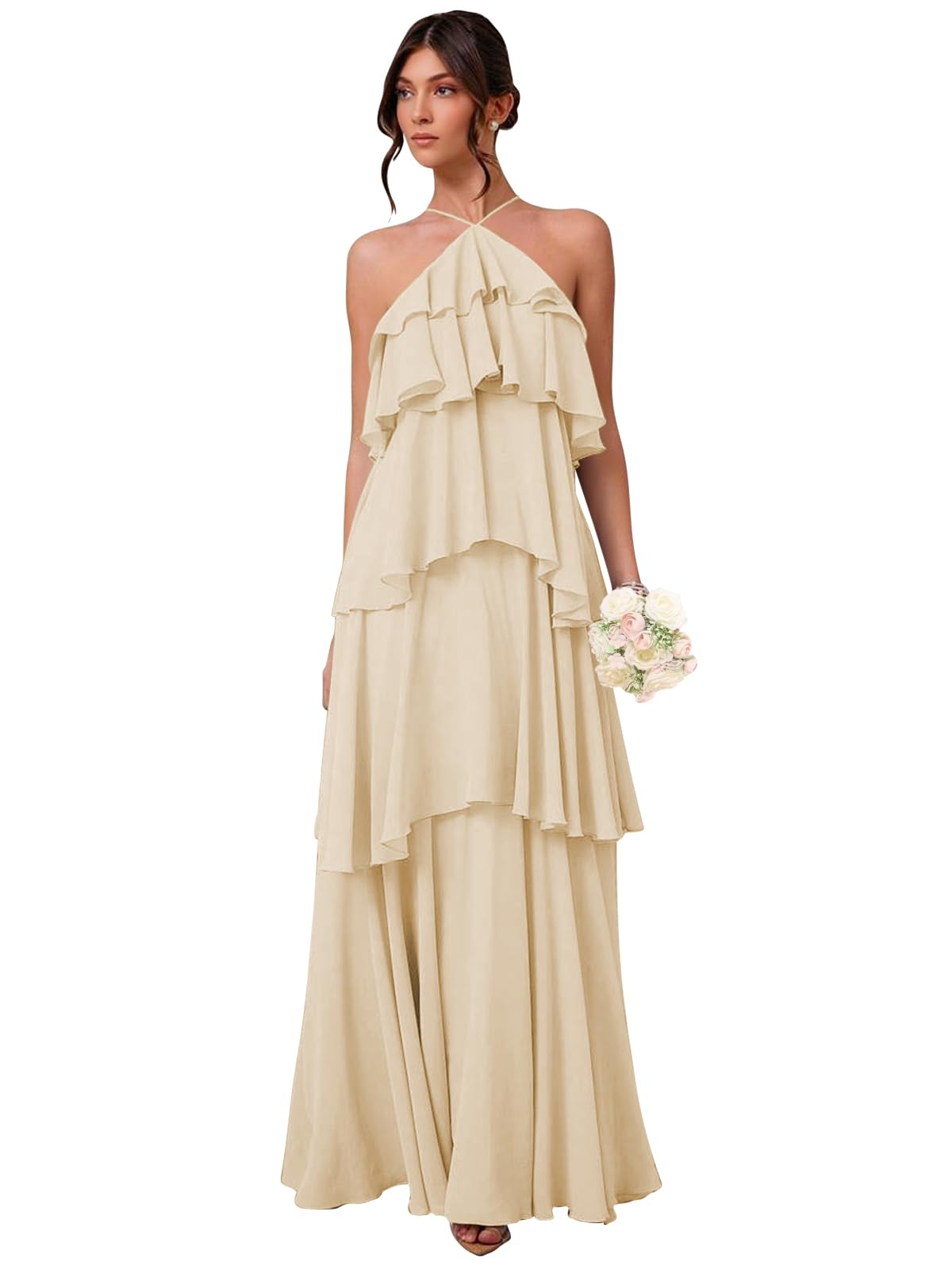 Chiffon Halter Bridesmaid Dresses for Women A Line Tiered Ruffle Long Formal Evening Gown