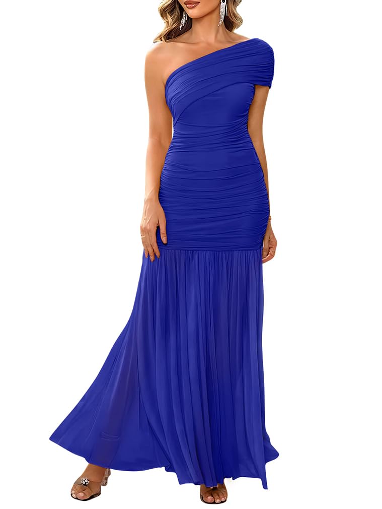 LAGSHIAN Womens Formal One Shoulder Sleeveless Evening Long Dress | Elegant Bodycon Mesh Ruched Cocktail Party Maxi Dress, Classy Slim Fit Wedding Dresses,Stretch,Flowing Sheer Hem