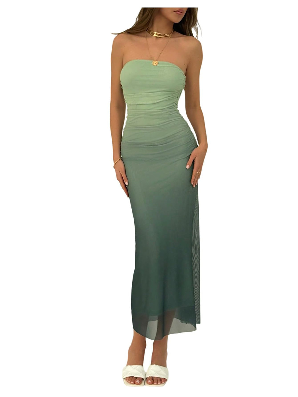 GORGLITTER Women's Sunset Ombre Strapless Cocktail Bridal Shower Midi Dress | Orange Wedding Guest Dress, Mesh Tube Dresses, Bridesmaid Sundresses, Vacation Beach Outfits