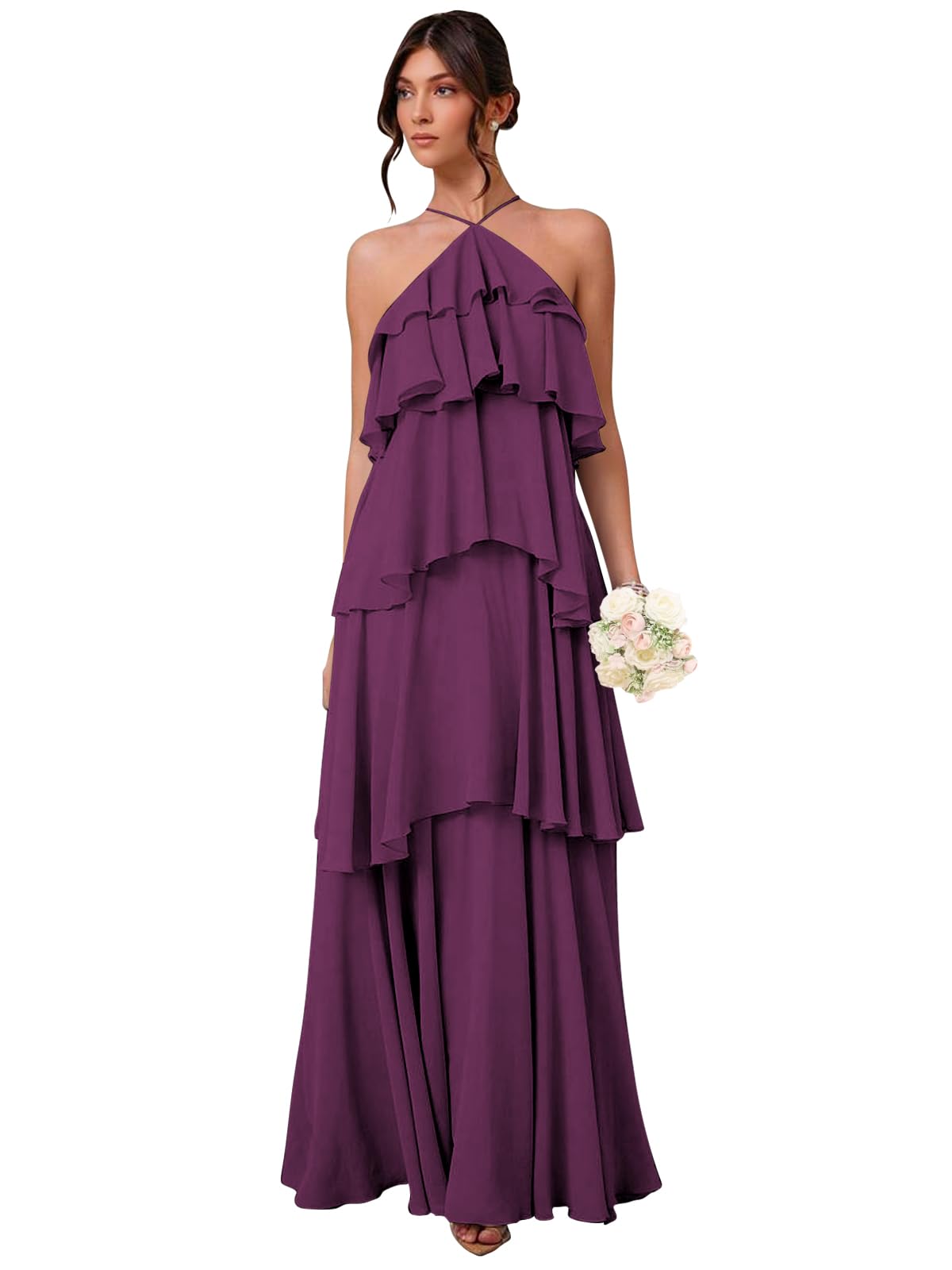 Chiffon Halter Bridesmaid Dresses for Women A Line Tiered Ruffle Long Formal Evening Gown