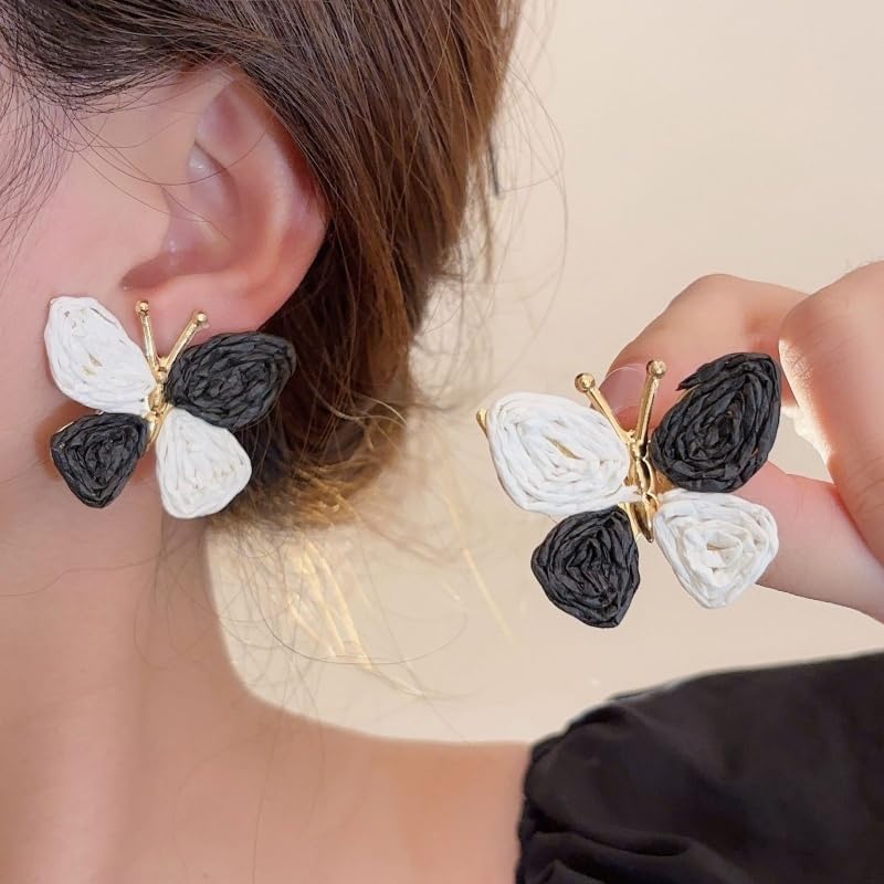 Butterfly Drop Earrings Boho Raffia Rattan Dangle Earrings Bohemian Statement Earrings for Women Cute Summer Beach Vacation Jewelry Gift