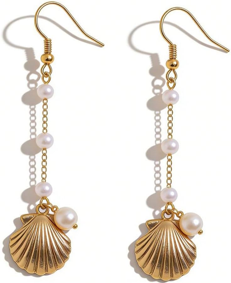 Golden Shell Pearl Earrings, Exquisite Long Chain Beaded Pearl Tassel, Retro Beach Ocean Theme Shell Ornament, Summer Seaside Jewelry Women's Wedding Party Vacation Gifts