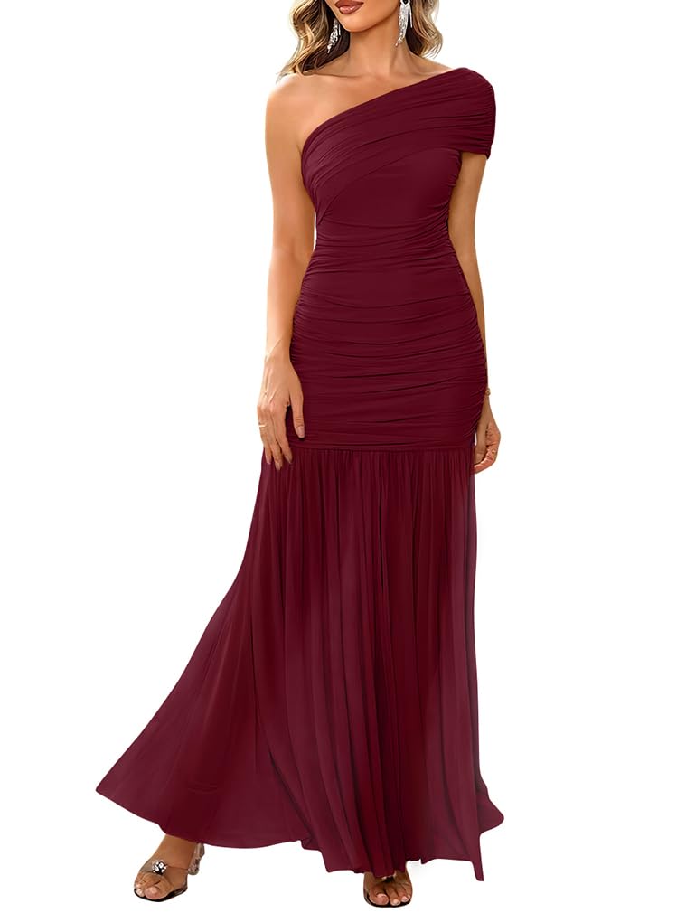 LAGSHIAN Womens Formal One Shoulder Sleeveless Evening Long Dress | Elegant Bodycon Mesh Ruched Cocktail Party Maxi Dress, Classy Slim Fit Wedding Dresses,Stretch,Flowing Sheer Hem