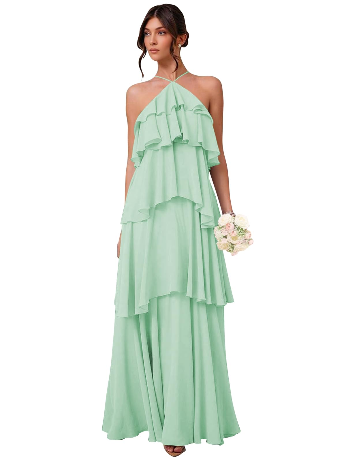 Chiffon Halter Bridesmaid Dresses for Women A Line Tiered Ruffle Long Formal Evening Gown
