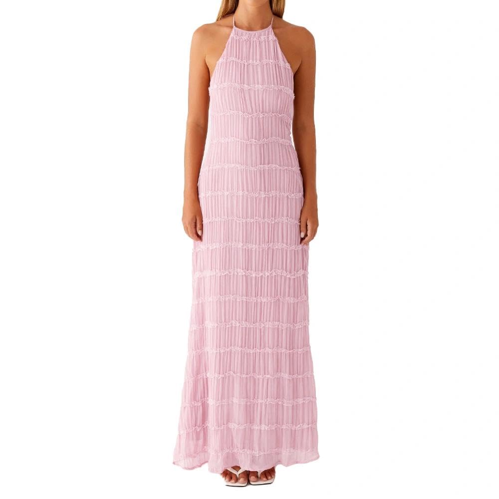 ABYOVRT Women Backless Dress Sleeveless Textured Halter Open Back Maxi Dresses Vacation Wedding Guest